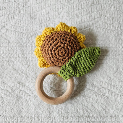 Sunflower Handmade Crochet Baby Toy Rattle with Bell Beech Wood Ring Gift