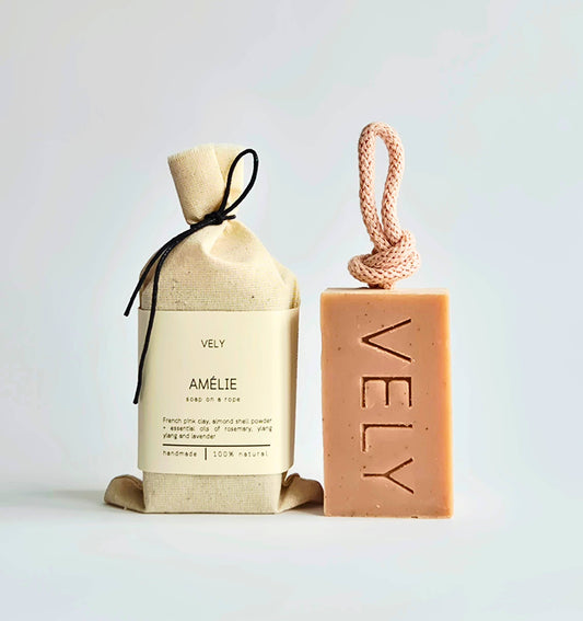 Amélie Natural Handmade Soap On A Rope With Pink Clay 