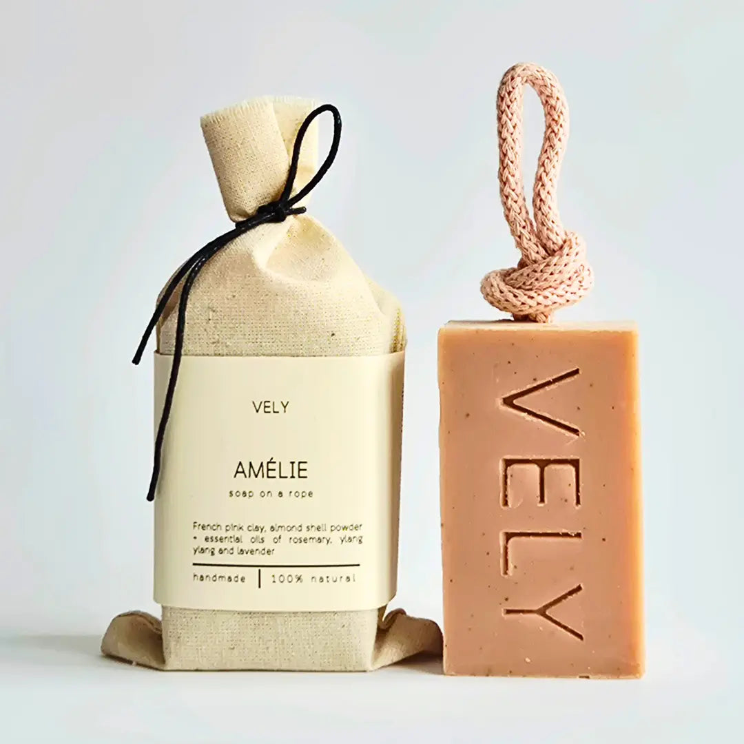 Amélie Natural Handmade Soap On A Rope With Pink Clay 