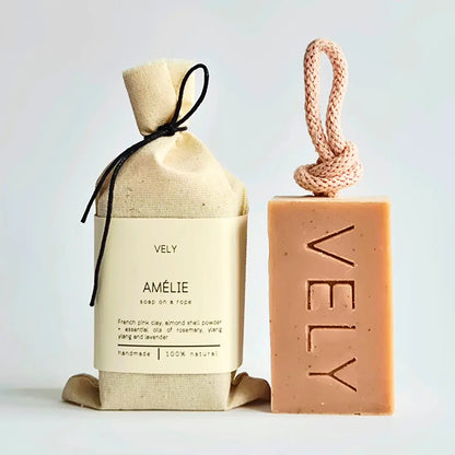 Amélie Natural Handmade Soap On A Rope With Pink Clay 