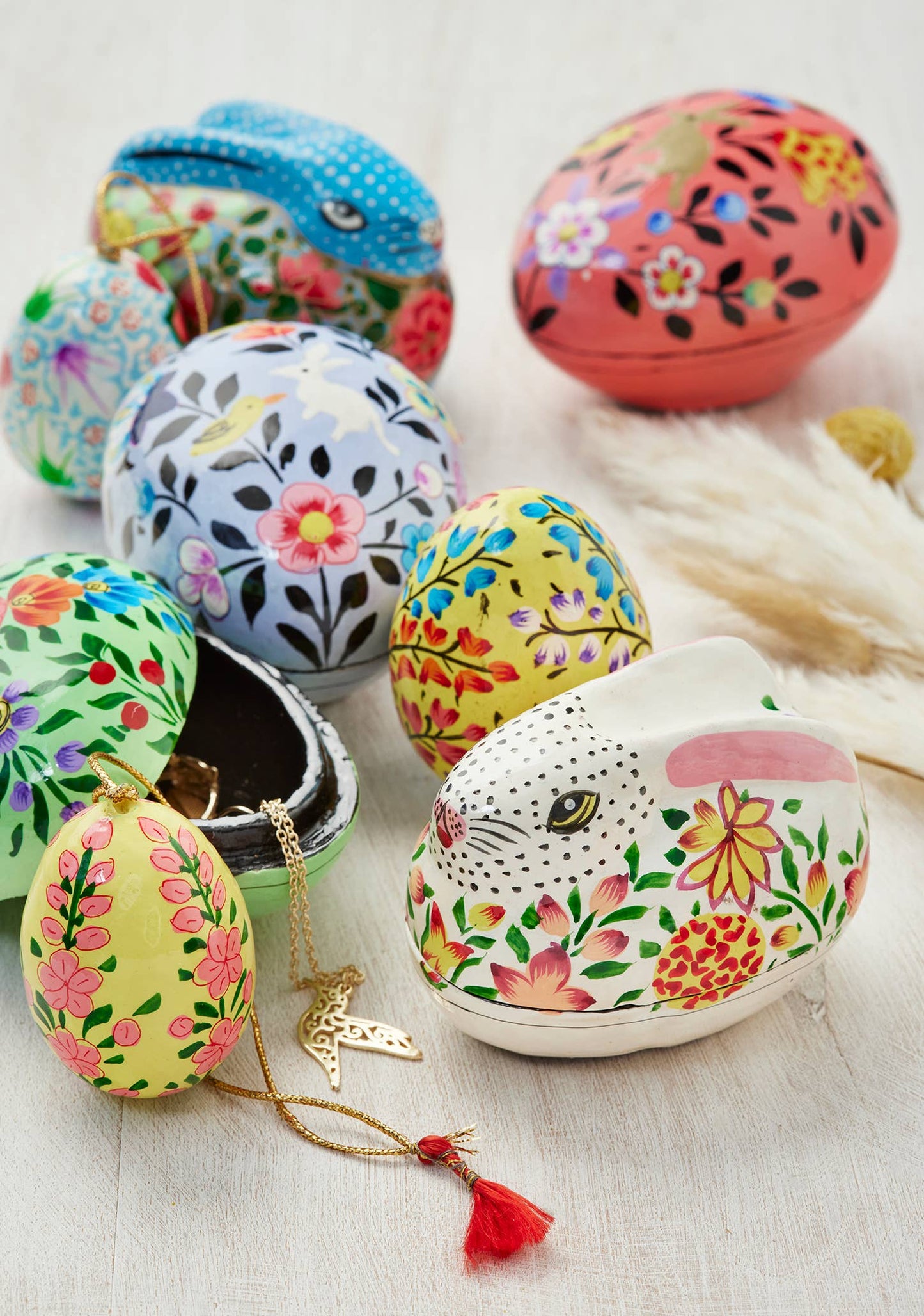 Kashmiri Floral Bunny Handpainted Easter Trinket Box
