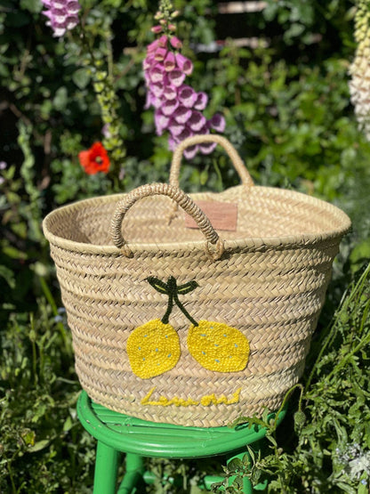 Hand Embroidered Market Basket, Lemons