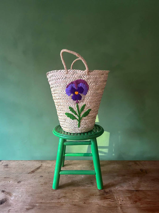 Hand Embroidered Basket, Pansy