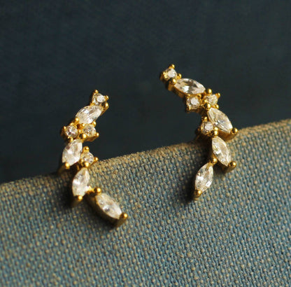 Laurel Wreath Leaf Zirconia Crystal Sterling Silver Stud Earrings