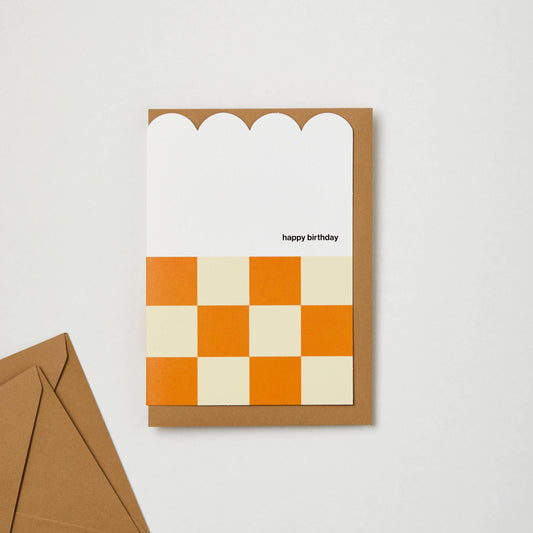 Scalloped Happy Birthday Yellow Checkerboard Card