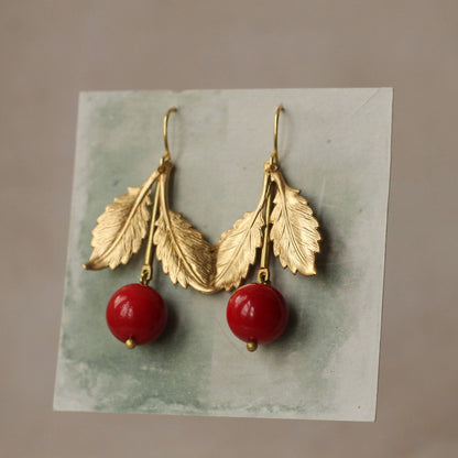 Vintage Glass & Solid Brass Red Cherry Earrings