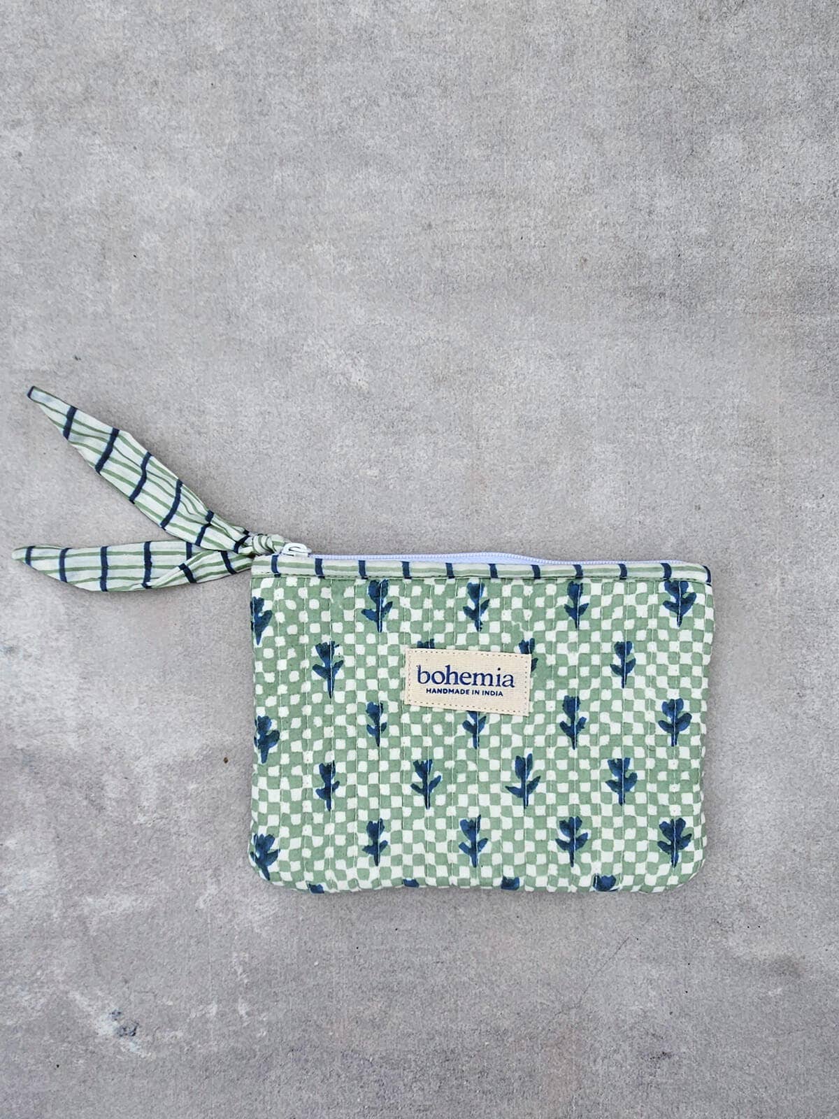 Medium Tulip Check Zip Pouch, Hand Block Printed in India