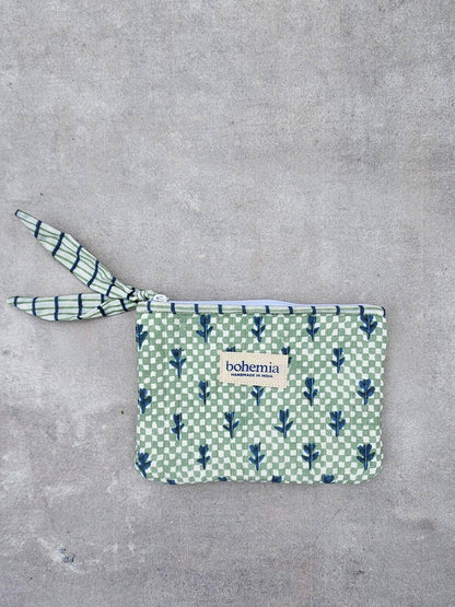 Medium Tulip Check Zip Pouch, Hand Block Printed in India