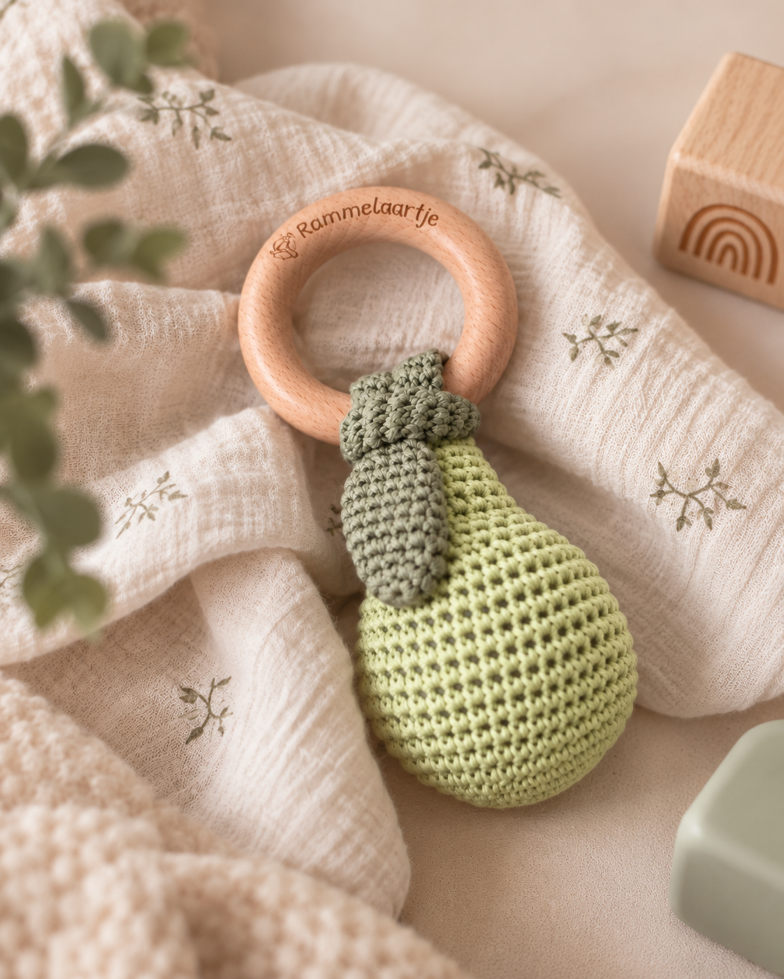 Pear Handmade Crochet Baby Toy Rattle Beech Wood Green Gift
