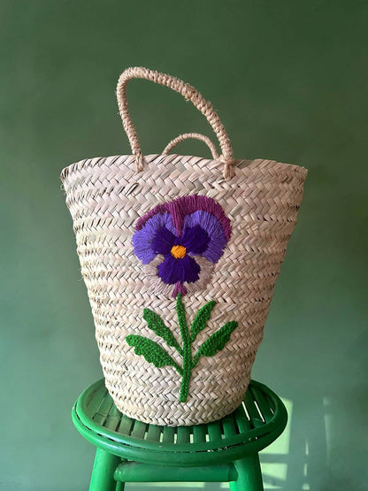 Hand Embroidered Basket, Pansy