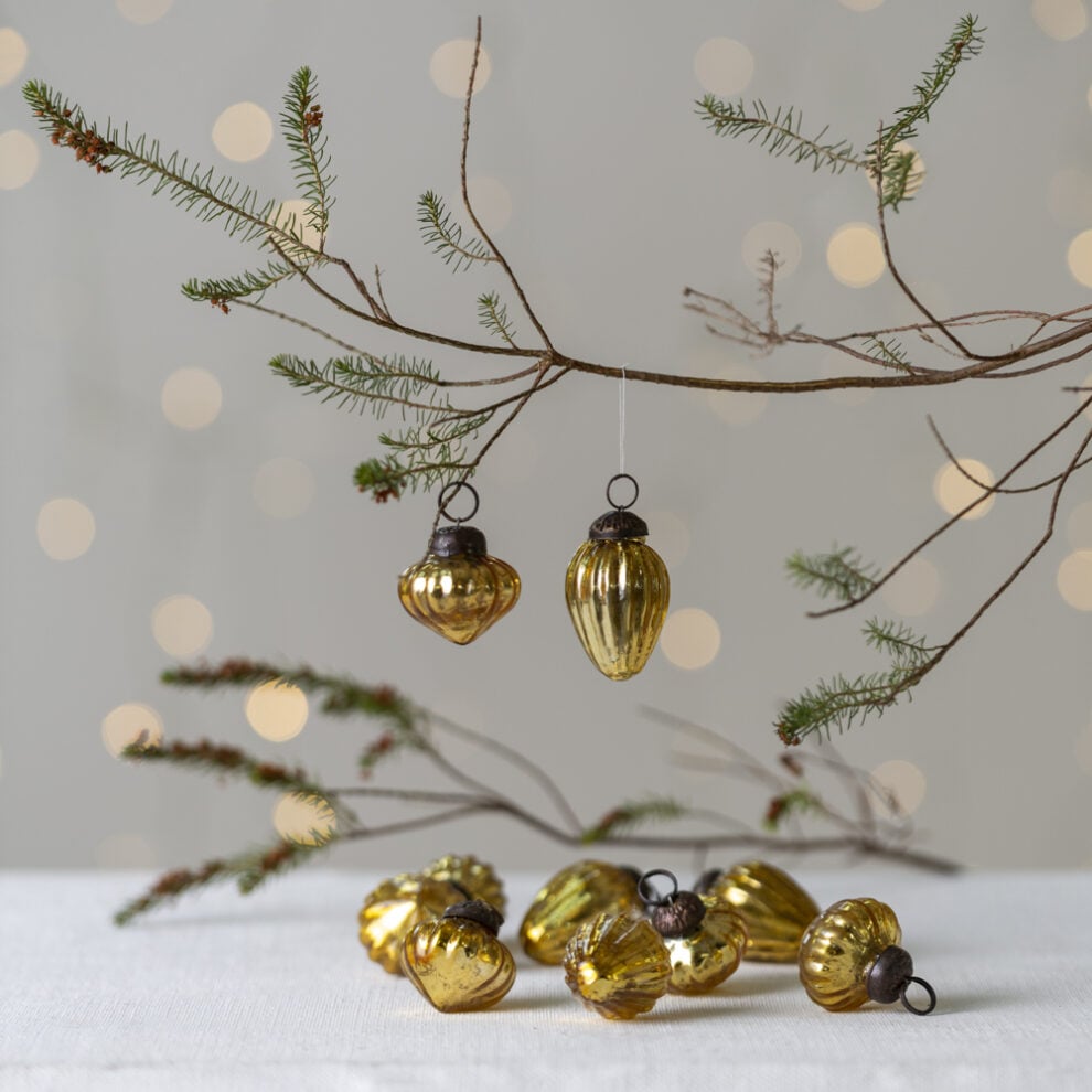 Mini Glass Ribbed Gold Baubles