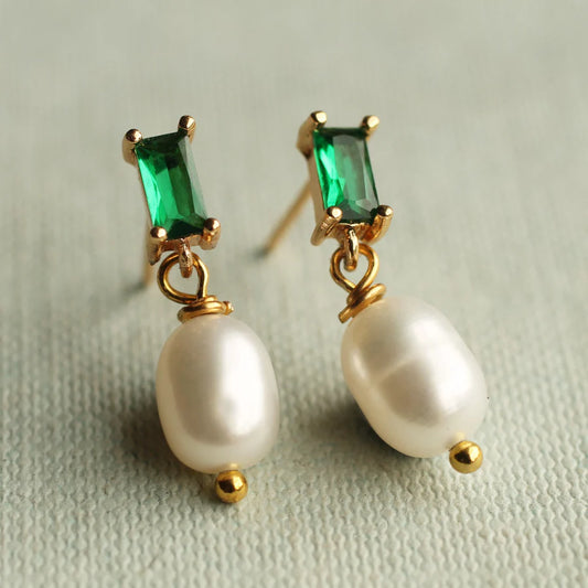 Emerald Freshwater Pearl Drop Earrings Sterling Silver