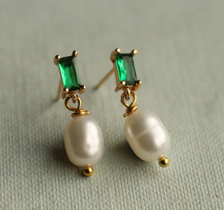 Emerald Freshwater Pearl Drop Earrings Sterling Silver