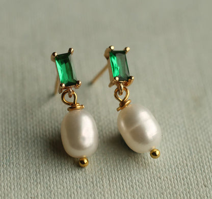 Emerald Freshwater Pearl Drop Earrings Sterling Silver