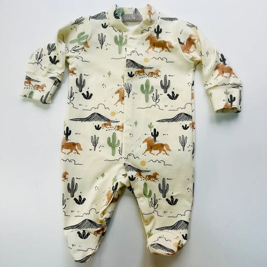 Wild West Cowboy Desert Horse & Cactus Organic Cotton Baby Sleep Suit Onesie