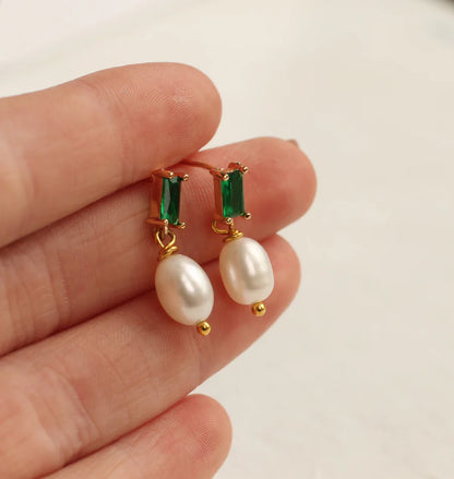 Emerald Freshwater Pearl Drop Earrings Sterling Silver