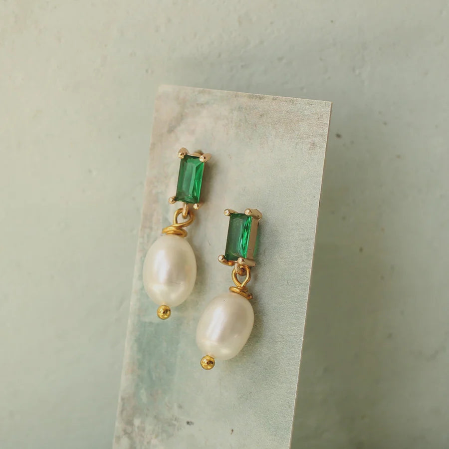 Emerald Freshwater Pearl Drop Earrings Sterling Silver