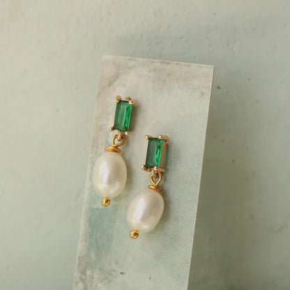 Emerald Freshwater Pearl Drop Earrings Sterling Silver