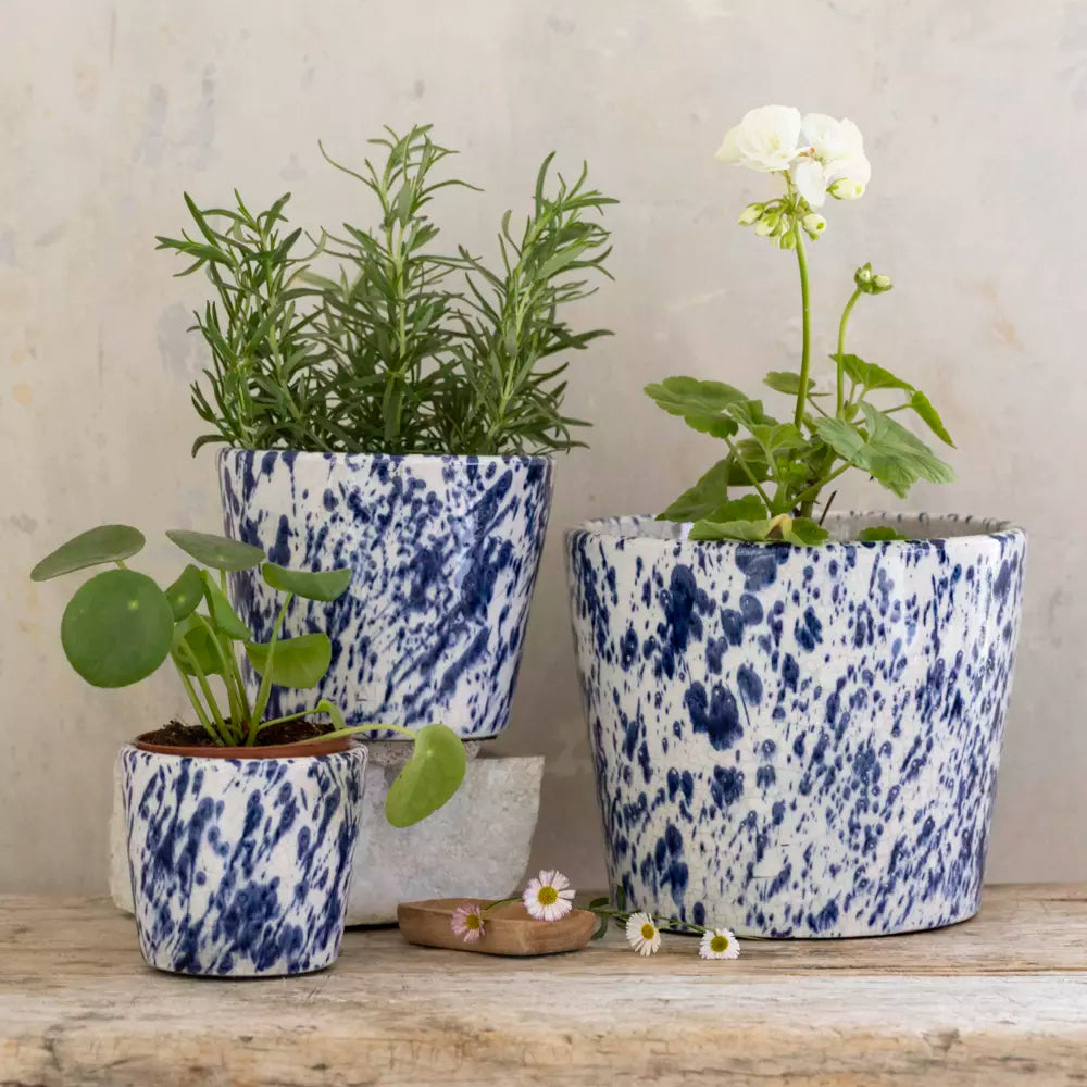 Large Blue Ceramic Splatter Old Style Dutch Plant Pot