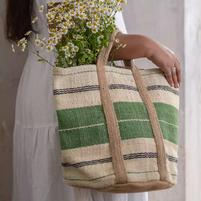 Jute Bag With Handles Green Stripe