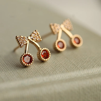 Cherry Stud Crystal Earrings Gold Plated Sterling Silver
