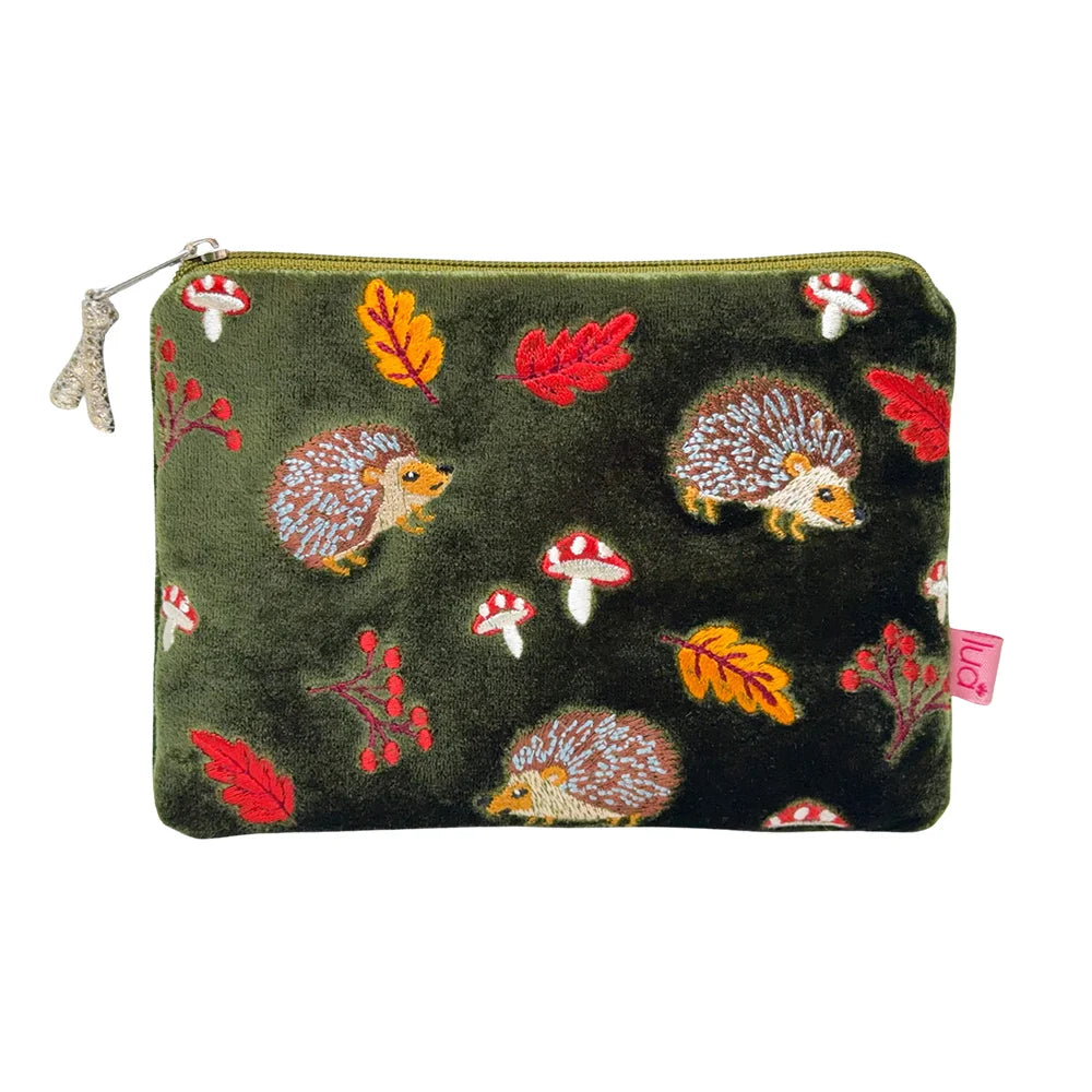 Hedgehog Mushroom Autumn Velvet Zip Cosmetic Purse