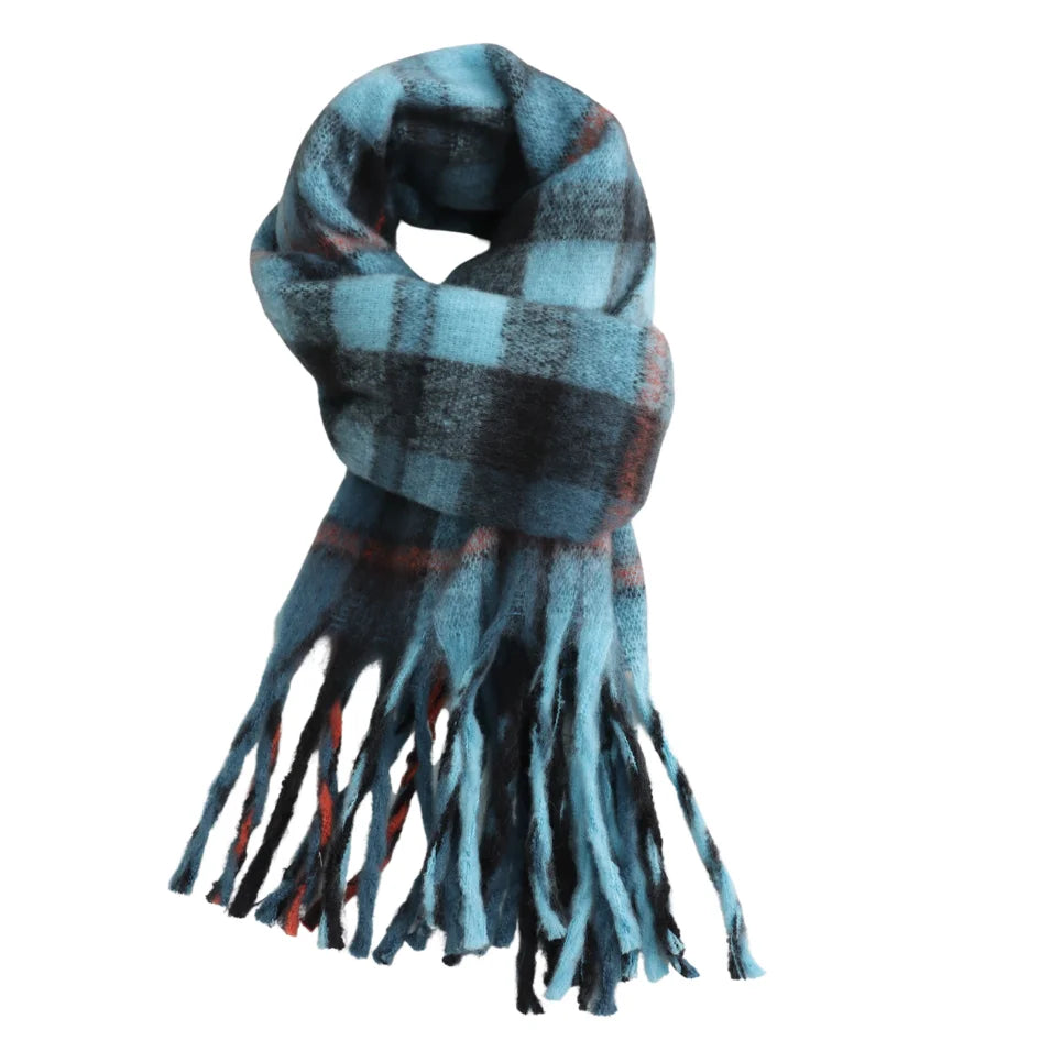 Aqua Blue Tartan Check Scarf Super Soft Tasselled A/W 26