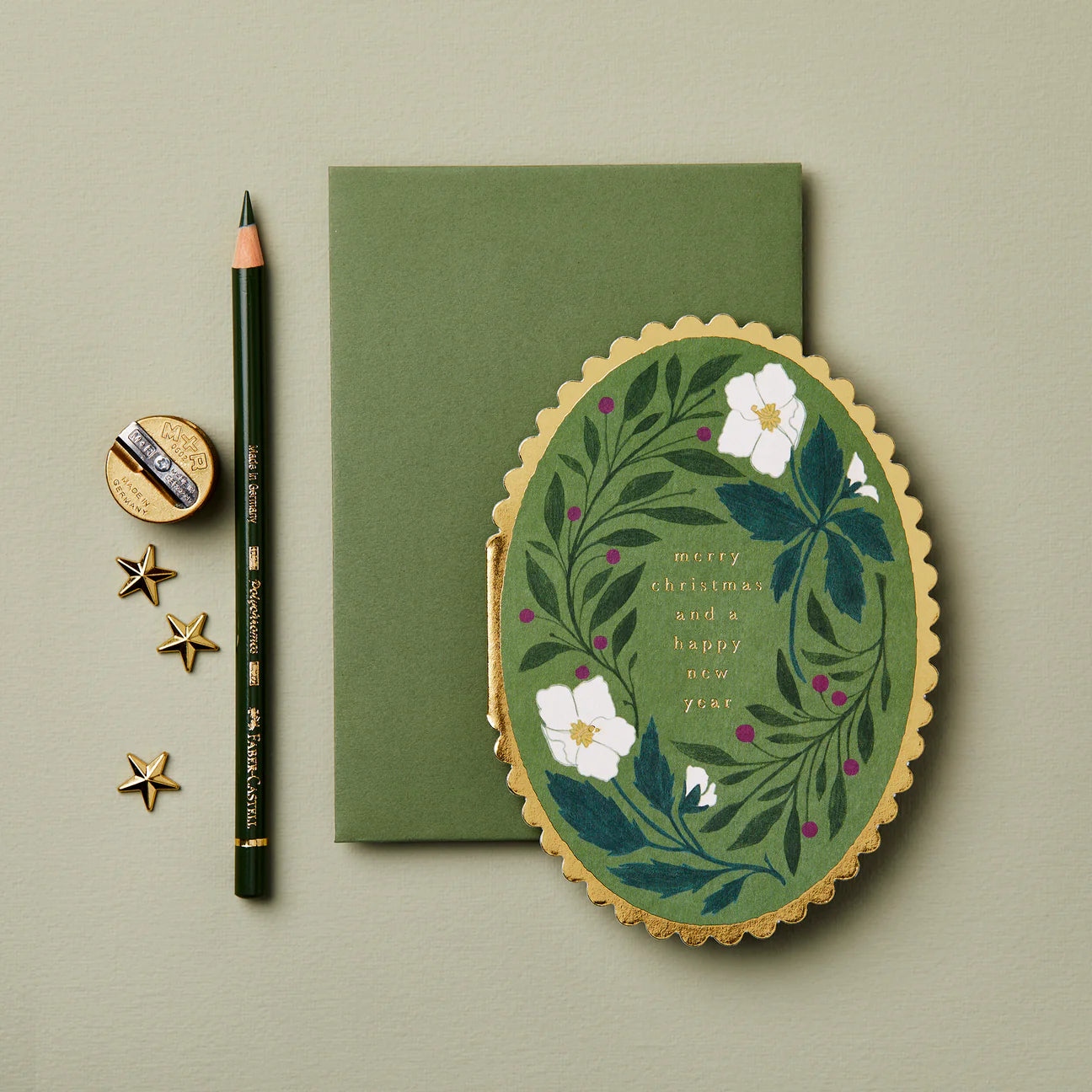 Green Flora Merry Christmas Scallop Edged Oval Card