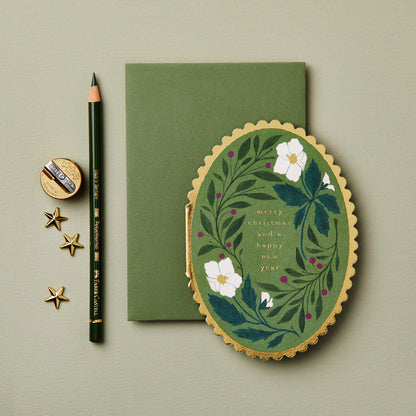 Green Flora Merry Christmas Scallop Edged Oval Card
