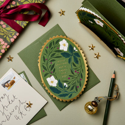 Green Flora Merry Christmas Scallop Edged Oval Card
