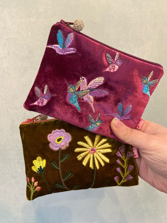 Embroidered Velvet Zip Purse