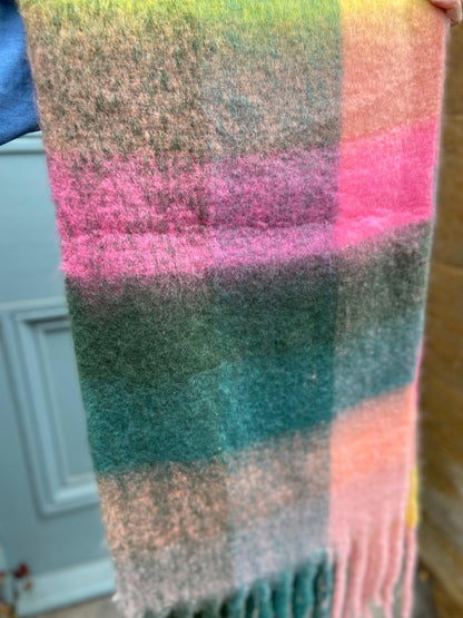 Super Soft Cosy Check Scarf, Pinks & Greens