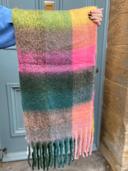 Super Soft Cosy Check Scarf, Pinks & Greens