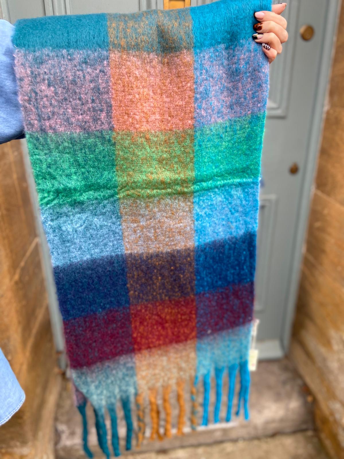 Super Soft Cosy Check Scarf, Teal & Peach