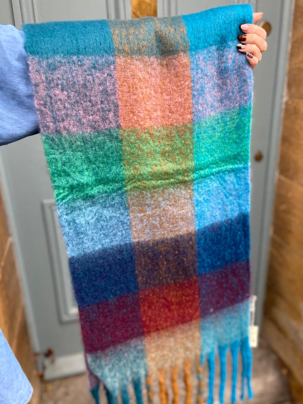 Super Soft Cosy Check Scarf, Teal & Peach