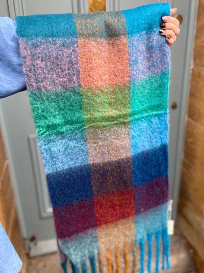 Super Soft Cosy Check Scarf, Teal & Peach