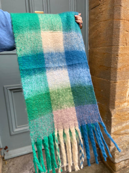 Super Soft Cosy Check Scarf, Blue & Cream