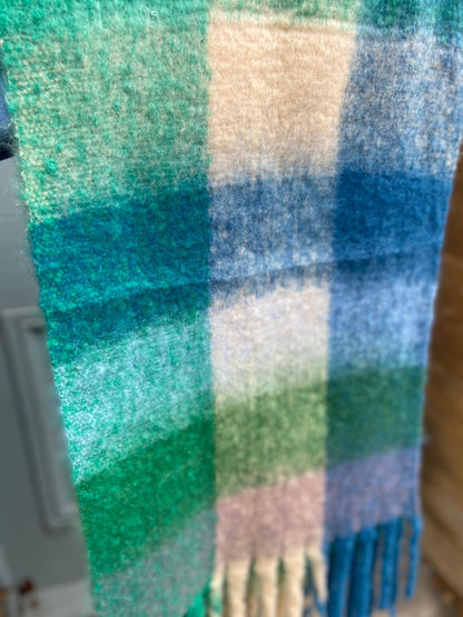 Super Soft Cosy Check Scarf, Blue & Cream