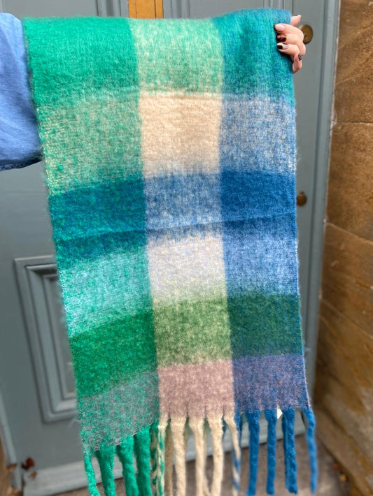 Super Soft Cosy Check Scarf, Blue & Cream