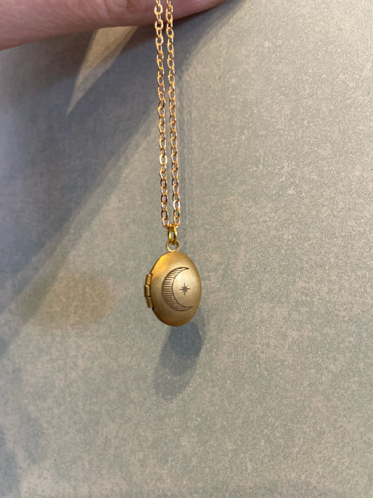 Tiny Oval Moon Engraved Botanical Brass Locket