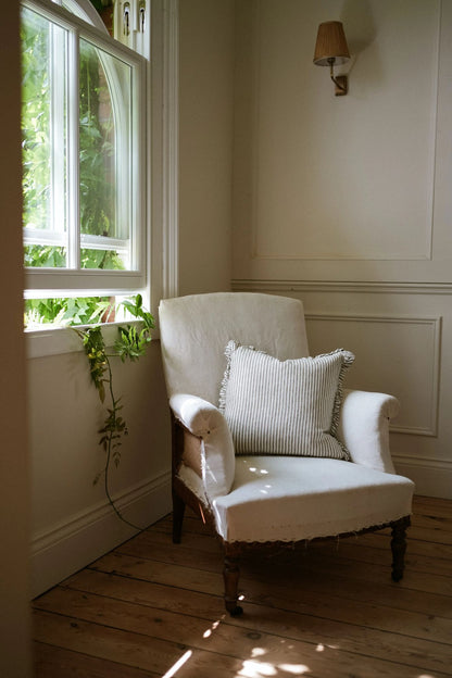 The Provence Ticking Stripe Washed Linen Cushion Olive