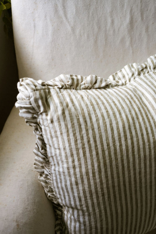 The Provence Ticking Stripe Washed Linen Cushion Olive