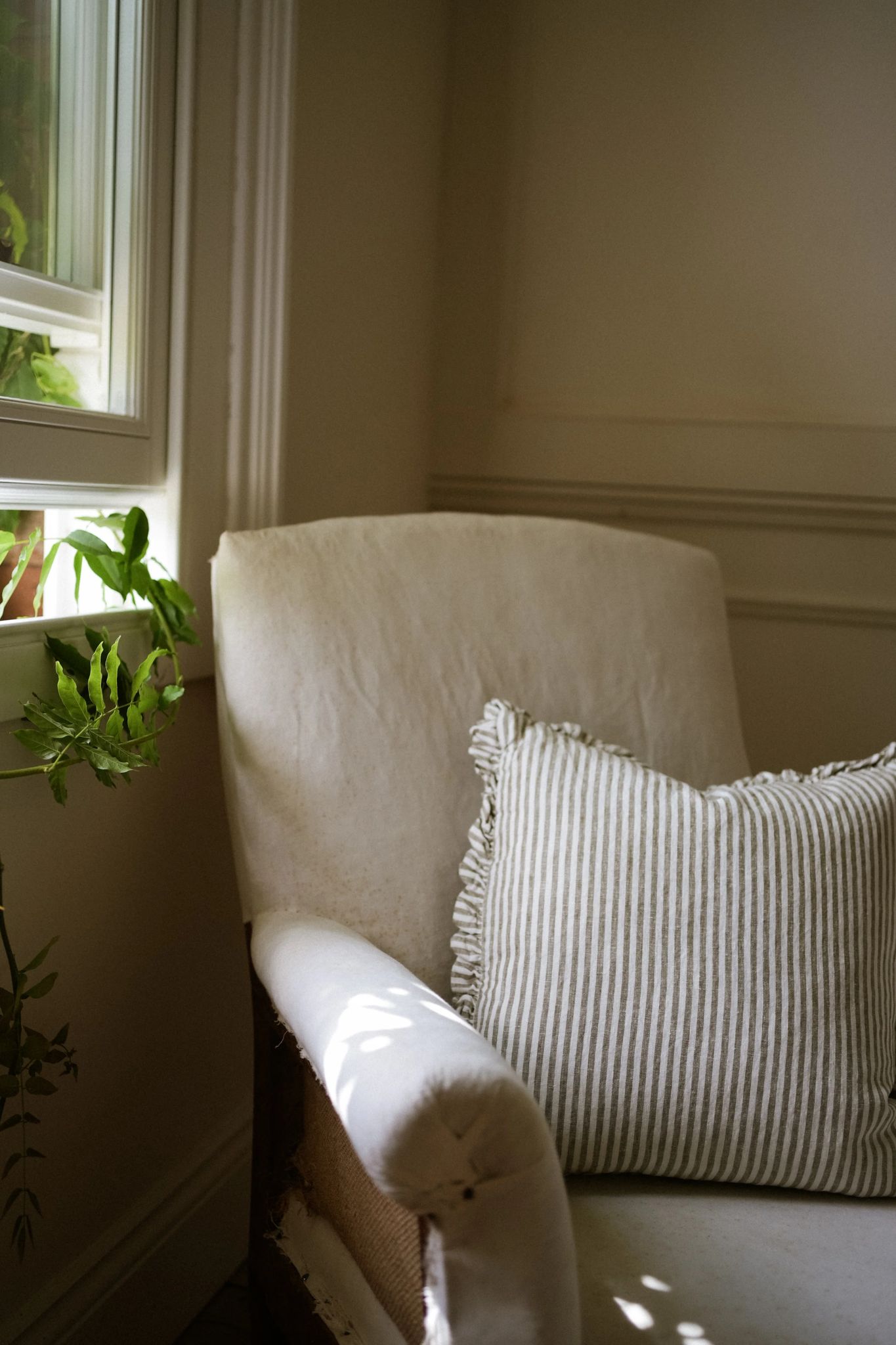 The Provence Ticking Stripe Washed Linen Cushion Olive