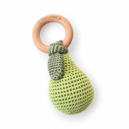 Pear Handmade Crochet Baby Toy Rattle Beech Wood Green Gift