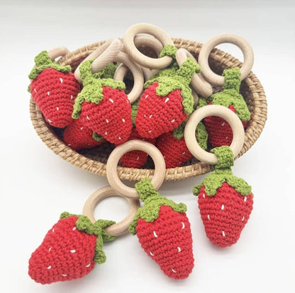 Strawberry Handmade Crocheted Baby Toy Rattle with Beech Wood Ring