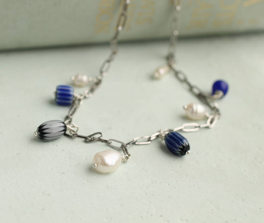 Blue Delft Freshwater Pearl Charm Necklace