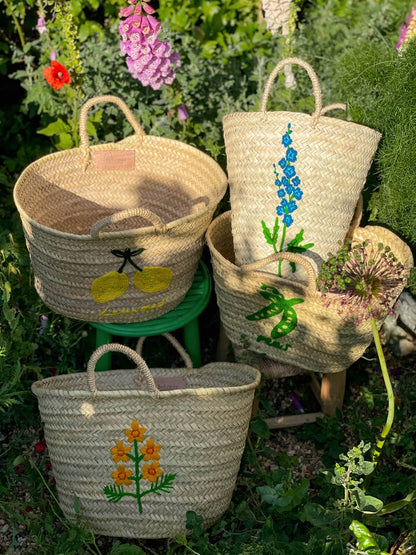 Hand Embroidered Basket, Delphinium