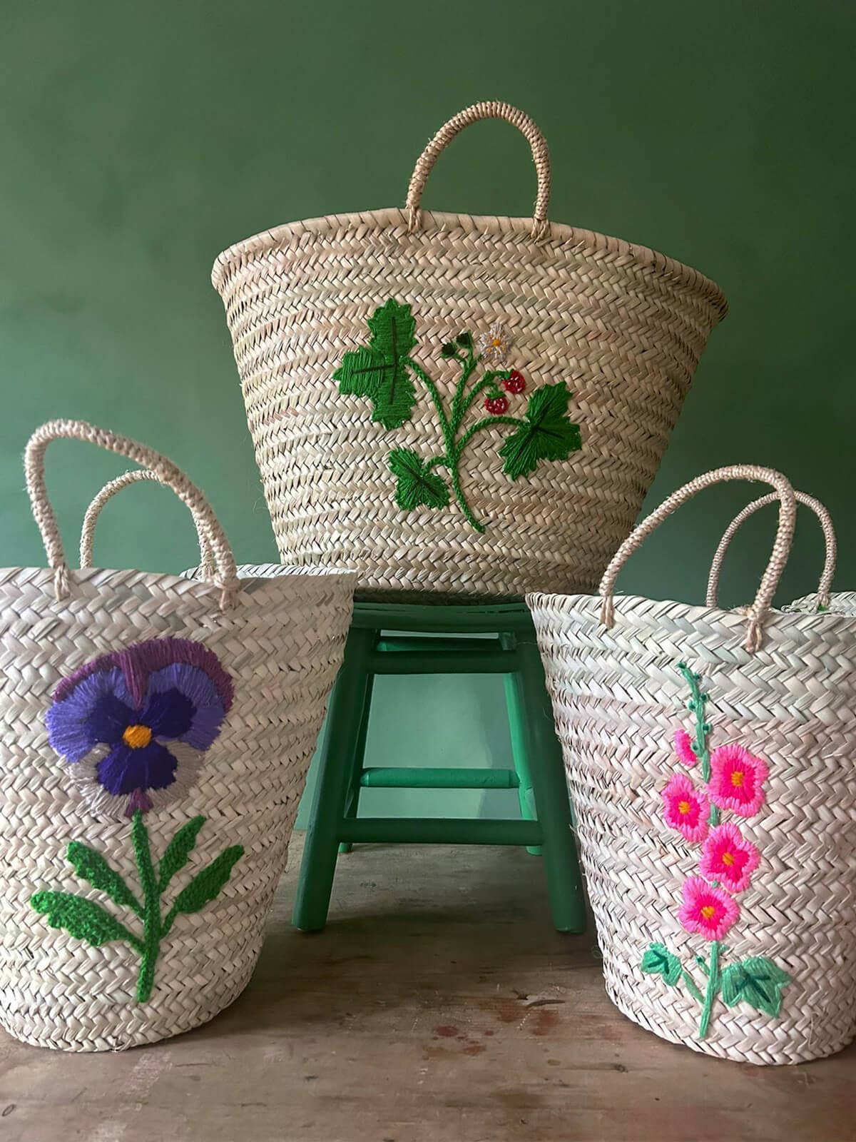 Hand Embroidered Market Basket, Wild Strawberry