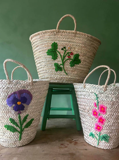 Hand Embroidered Market Basket, Wild Strawberry
