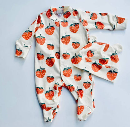 Strawberries & Cream Organic Cotton Baby Sleep Suit Onesie Newborn - 12m